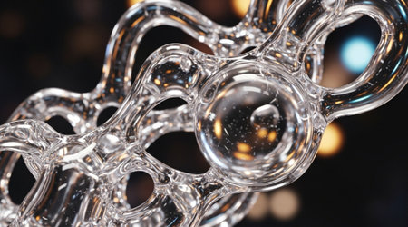 Clear liquid molecule structure concept background 3D render. Transparent glass chain element closeup. Glistening high detail scientific imagery.の写真素材