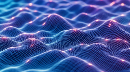 Abstract visualization flowing surface digital mesh waves. Technology data concept visualization....