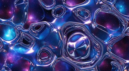 Reflective chrome liquid surface texture background. Abstract cosmic bubbles cells overlay. Vibrant purple blue space nebula scene.の写真素材