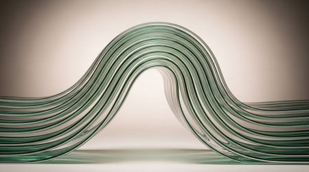 Multiple layered glass sheets creating graceful upward curve wave structure abstract minimalist architecture concept soft light studio shot.の写真素材