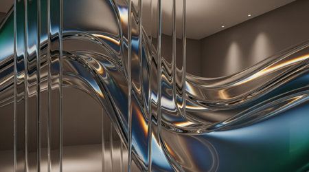 Wavy metallic wall design Modern interior architecture Abstract chrome panels Flowing reflective surface Aesthetic texture.の写真素材