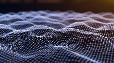 Wireframe grid surface depicting virtual landscape or digital wave. Concept showing data flow and internet communication technology background.の写真素材