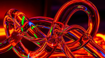 Tangled transparent glass tubes lit brightly. Abstract network complexity dark background. Red neon light glowing fluid lines visualization.の写真素材