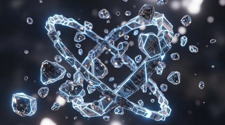Interlocking abstract geometric rings crystal structure detailed dark background quantum science...