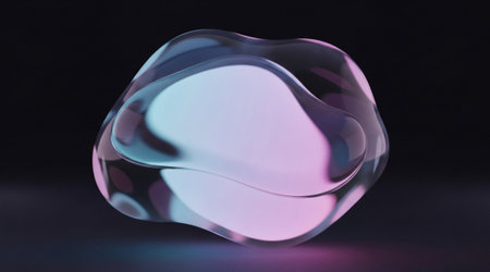 Minimalist transparent glass orb with smooth rounded form. Abstract glowing liquid shape against dark background. Modern concept.の写真素材