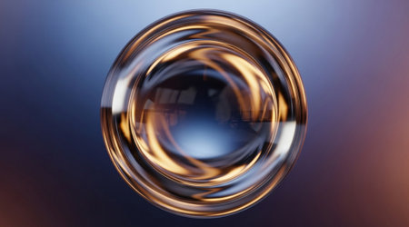 Abstract swirling concentric shape visualization. Ripples clear glass fluid sphere concept background. Circular motion glossy effect.の写真素材
