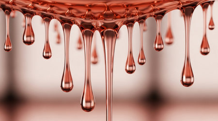 Shiny rose gold liquid dripping down. Viscous syrup drops forming elegant fluid texture. Luxurious copper substance flow.の写真素材