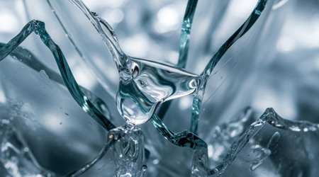 Shattered glass macro view. Abstract cold background with sharp fragments. Droplet suspended on broken surface.の写真素材