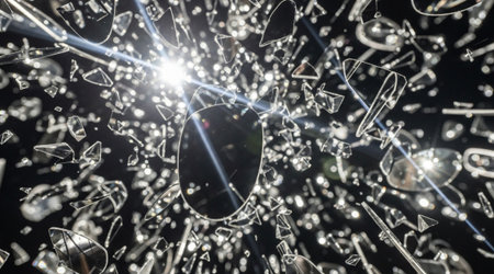 Shattered glass fragments flying. Broken mirror pieces explosion abstract. Dark spotlight background.の写真素材