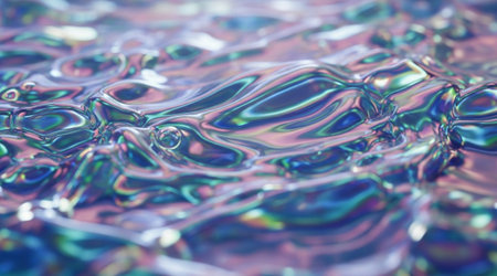 Close up shot abstract wavy fluid surface. Iridescent reflections creating colorful metallic ripple texture background.の写真素材