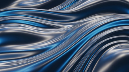 Shiny silk fabric waves Luxurious chrome surface Abstract flowing liquid metal pattern Blue silver...