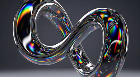 Abstract infinity symbol shape. Multicolored spectrum reflections on glass. Dispersion light effect background.の写真素材