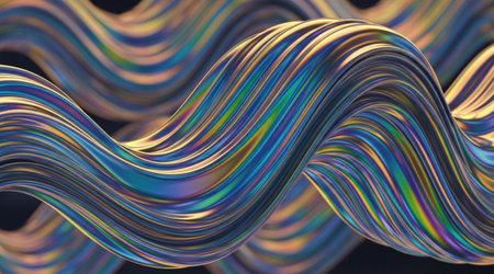 Abstract iridescent wavy shape holographic liquid metal flowing curve background texture metallic...