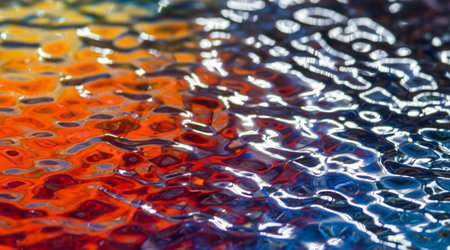 Colorful abstract liquid surface texture. Reflective ripple pattern intense orange blue contrast background. Dynamic shiny glow.の写真素材