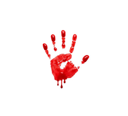 Dripping red handprint isolated on white Blood spatter symbol of crime violence danger horror conceptの写真素材