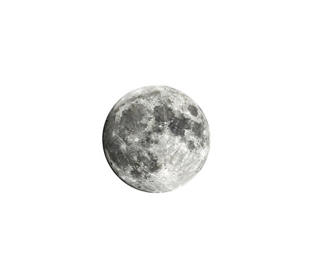 Beautiful full moon close up view showing detailed gray surface craters isolated white background astronomical object cosmology.の写真素材