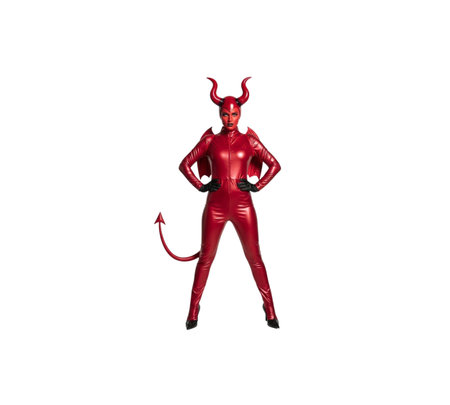 Woman posing red latex devil costume. Full body view horns tail gloves isolated. Costume concept...