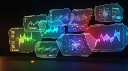 Advanced financial technology dashboard displaying business graphs. Digital visualization of big...