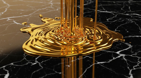 Flowing precious liquid metal splash wealth concept Luxurious gold spill design Shiny reflection texture background Black stone surface.の写真素材