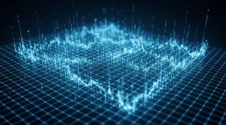 Glowing blue wireframe grid structure represents technological wave frequency analysis concept big...