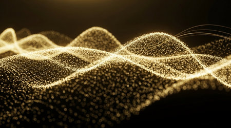 Abstract golden glowing particles flow forming elegant wave pattern. Luxurious digital dust animation background texture.の写真素材