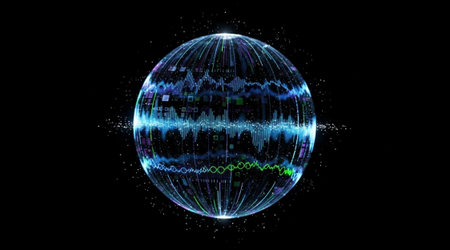 Glowing sphere displaying digital audio spectrum lines. Global communication network concept...