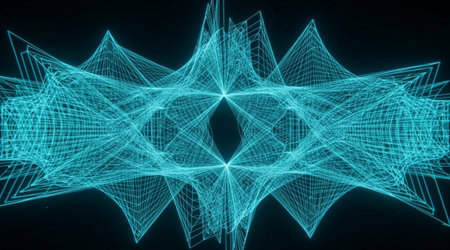 Abstract three dimensional geometry visualization. Intricate neon wire structure network. Futuristic...