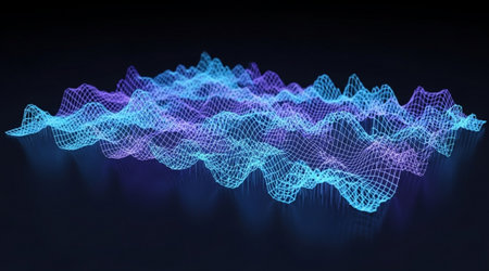 Digital data flow visualization 3D rendering wave pattern Abstract sound graph spectrum mesh surface...
