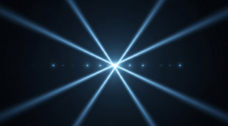 Bright blue light rays abstract geometric cross shape. Optical lens flare effect. Symmetrical beam design visualization.の写真素材