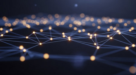 Glowing plexus network visualization representing global communication structure digital connectivity future technology and artificial intelligence conceptの写真素材