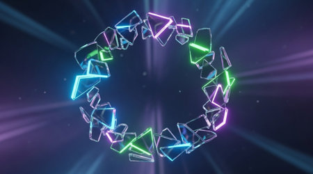 Dynamic abstract ring composed of shattering crystal pieces. Glowing neon colored triangles forming...