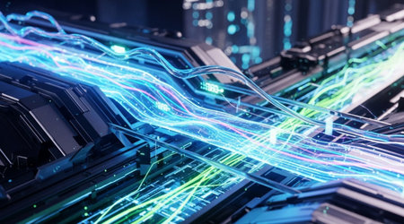 High speed data flow stream abstract technological background fiber optic communication lines...