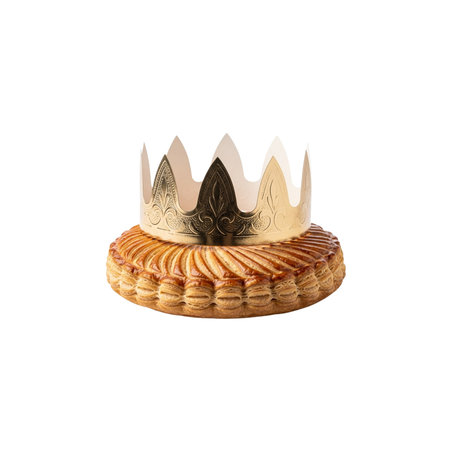 Golden paper crown on traditional French galette des rois. Celebration and festive pastry.の写真素材