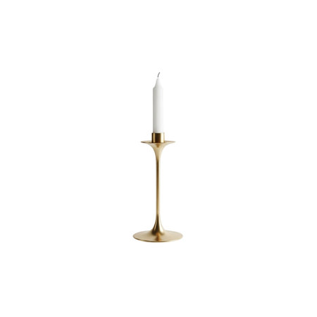 Elegant gold metal candlestick with a white candle. Modern minimalist home decor object isolated on a white backgroundの写真素材
