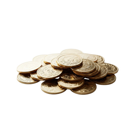 Golden coins stack representing wealth accumulation financial success savings treasure economic...