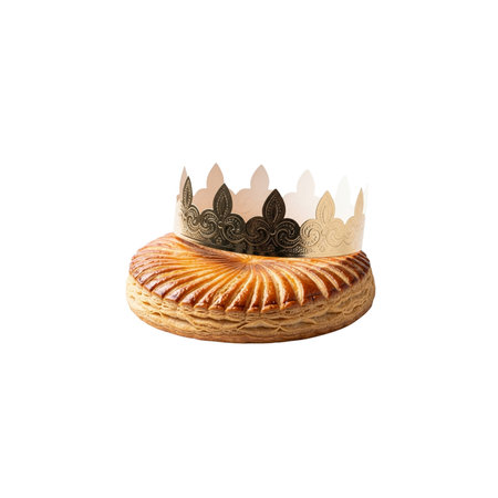 Galette des Rois pastry, golden crown. French traditional dessert. Celebration food. Sweet treat. Festive pastry.の写真素材