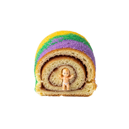 Mardi Gras king cake slice. King cake sweet tradition. Tiny baby doll inside. Delicious dessert bakery.の写真素材