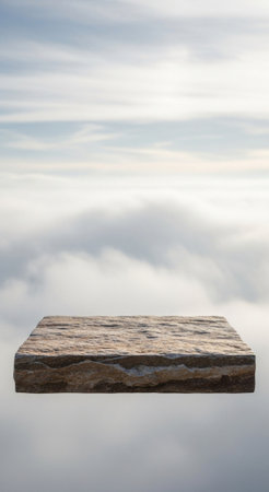 Textured stone slab floating above clouds; rugged product display stage with natural earthy feel...