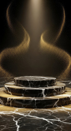 Luxurious black marble product display with elegant gold dust accents, creating a rich and sophisticated sceneの写真素材
