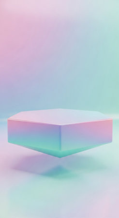 Colorful hexagonal podium with holographic finish appears floating on vibrant gradient pastel background, ideal for abstract product displayの写真素材