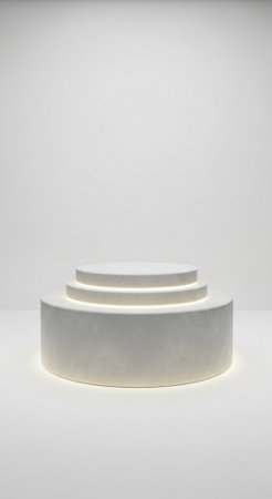 Clean white product display, featuring a three tiered circular podium with soft ambient glow, set against a bright, minimalist backdropの写真素材