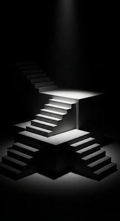 Abstract architecture with minimalist geometric stairs ascending into darkness, illuminated by single spotlight on empty platform, elegant product displayの写真素材