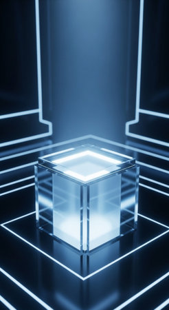 A sleek transparent glass cube podium is illuminated by neon lines against a dark backdrop. Modern product showcase.の写真素材