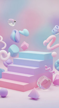 Pastel colored staircase podium. Flying geometric shapes. Soft light background. Bubbles and...