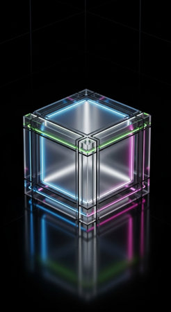 Abstract clear glass cube with glowing neon lines on dark background. Display for products....