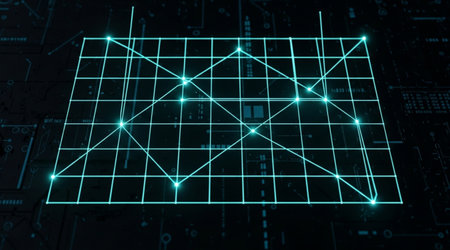 Digital data visualization grid structure abstract network diagram glowing lines connection points...