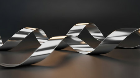 Silver chrome metal strip flowing smooth abstract shape on dark background minimal concept design modern waveform renderの写真素材