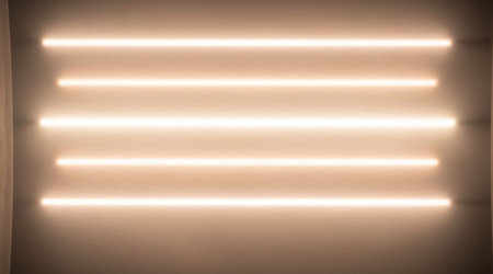 Minimalist warm light background design. Four horizontal parallel glowing neon bars on simple clean wall texture.の写真素材