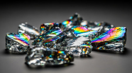 Iridescent material close up shows dispersion of color reflecting light on black surface detailed macro photographの写真素材