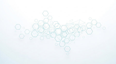 Abstract technical background interconnected geometric hexagonal shapes forming a blue network structure molecular patternの写真素材